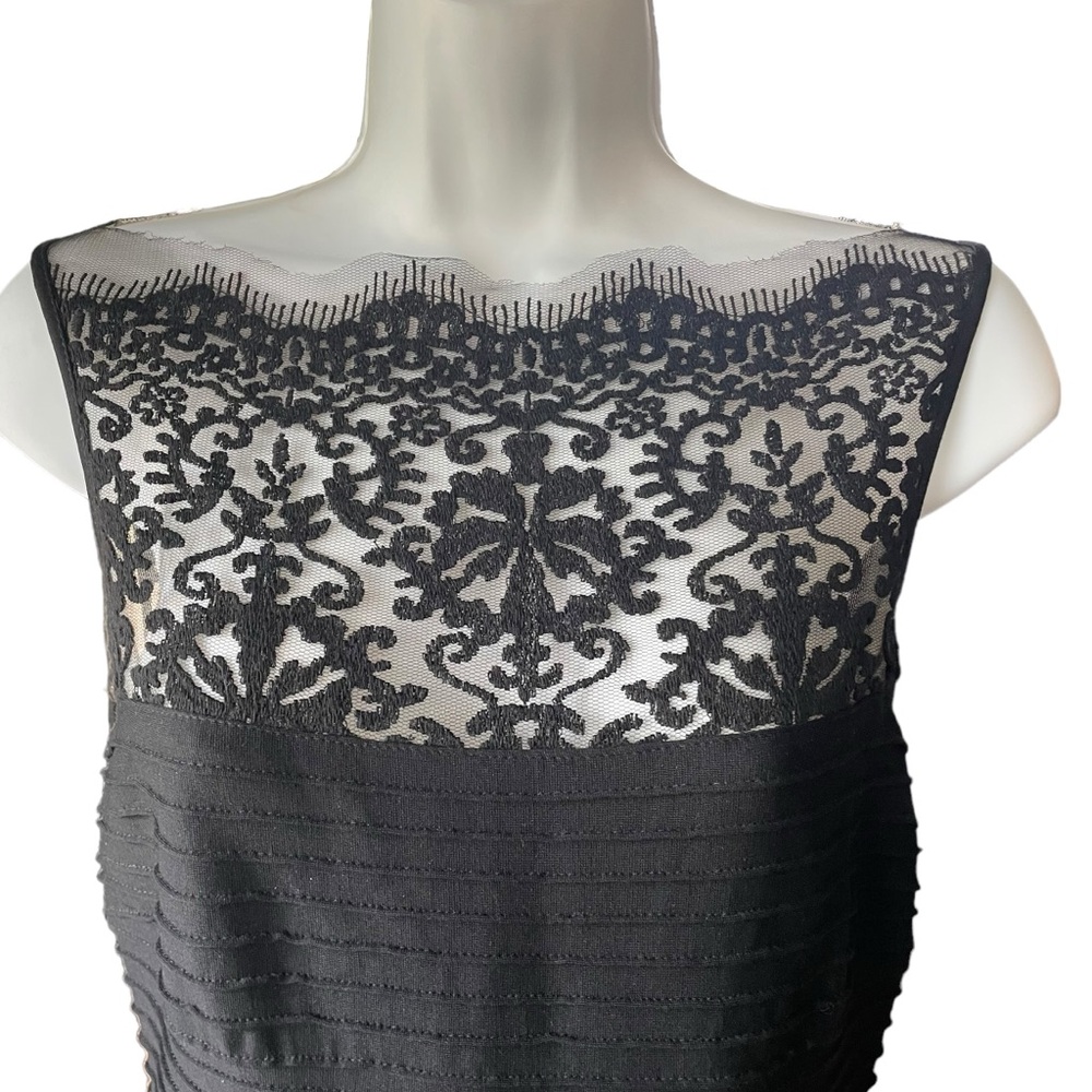 Tadashi Shoji Black Embroidered Illusion Lace Pintuck Jersey Dress Formal Gown - Picture 8 of 14